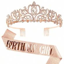 2pcs/Set Baroque Rhinestones Birthday Princess Queen Sash Ribbon Birthday Queen Crown Tiara Rhinestone Birthday Headbands Birthday Sash With Ribbon Pearl Pin Happy Birthday Crown And Sash Ribbon For Birthday Party Ball Decoration Bridal Tiara For 13th 16th 18th, 20th, 30th, 40th, 50th, And 60th 70th 80th Birthdays - Add A Touch Of Elegance To Your Party Decorations Party Supplies Ribbon