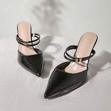 软头环扣女士穆勒鞋，新款优雅女士露趾粗跟高跟鞋，适合约会、购物、派对、正式场合、工作、圣诞节、冬季圣诞礼物 - 黑色 - 查看 6