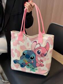 Disney 1 pieza (Autorizado por Disney) Bolsa de lona de gran capacidad con un solo hombro con diseño de la serie de dibujos animados a rayas de Stitch, estilo japonés.