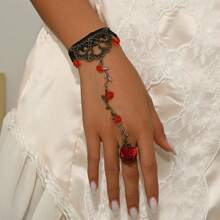 1 pieza Conjunto de anillo y pulsera de mujer con encaje negro vintage y flores rojas con cristales decorados, adecuado para fiestas, festivales y accesorios de disfraz de mascarada
