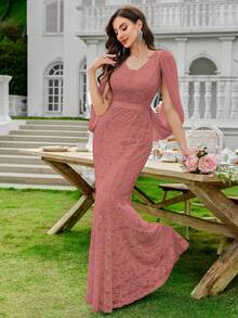 MIUSOL Deep V-Neck Full Floral Lace Mermaid Hem Formal Party Maxi Dress, Elegant Party Dress For Women, Formal Evening Gown, Wedding Dress, Bride - Dusty Pink - View 6