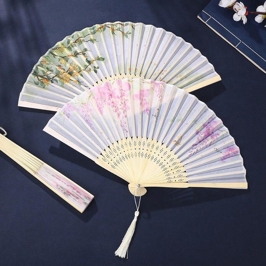 流苏复古风扇子，带有紫藤、海棠花、桂花、桃花图案，便携式中式花卉手扇，适合传统服饰、舞蹈、夏季便携式日式扇子 - 彩色 - 查看 1