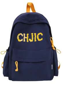 1 pieza Mochila unisex de nailon, mochila escolar/universitaria con estampado de letras de moda, mochila de ocio/viaje con cierre de cremallera, adecuada para todas las estaciones