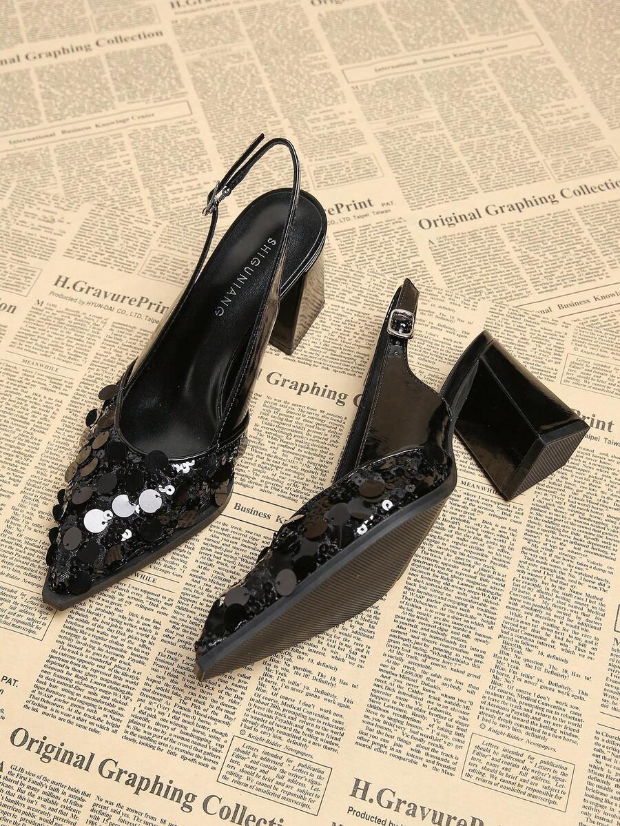 2025 Sommer neue Damen Mode Büro Lässig vielseitige Party Pailletten Dekor Performance Schuhe, Einfarbig Schwarz, Silber Farbe Offene Zehen Sandalen, Elegante Spitze Zehen Knöchelriemen High Heel Kleideranzug Schuhe, geeignet für weite Hosen & Kleider - Schwarz - Übersicht 1
