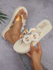 Sandálias de Praia com Decoração Floral Casual, Chinelos Slip-On para Praia e Viagens, Design Simples e Fresco