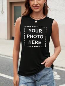 Customizable Personalized Women's Vest - Add Your Own Photo/Text (Family Photo/Selfie/Statement/Journal), Design Your Own Customized Print Vest, Fashionable, Hip-Hop, Unique Women's Clothing, Can Be Used As A Gift For Your Own Girlfriends, Family Members, Friends, Kids, Etc., You Can Freely Play With Your Design. - Black - View 1