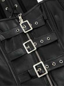 Dark Punk Style Corset Camisole With Multi-Button Front Zipper + Back Lace-Up Design, Suitable For Daily / Party / Halloween Outfits - Black - View 6