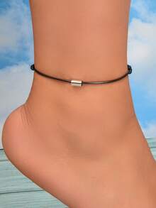 1pc Minimalist Silver Copper Pipe Charm Decor With Black Wax Rope Adjustble Anklet For Summber Beach Holiday Foot Jewelry - Silver - View 1