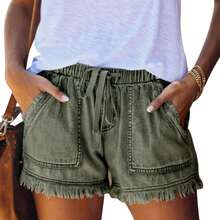 Women Lightweight Washed Denim Shorts, Casual Drawstring Hot Pants Elastic Waist Frayed Hem Loose Comfy Short Jeans - màu xanh lá - Xem 1