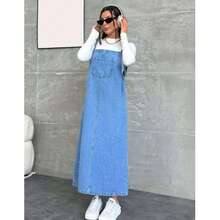 Women's Summer Denim Dress A Shape With Pocket Details - Blue - View 2