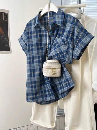 Women's Plaid Single-Breasted Short Sleeve Pocket Casual Shirt
