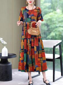 新款时尚夏季休闲印花优雅中长款女装连衣裙