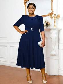 Plus Size Easter Crewneck Half Sleeve 3D Flower Buckle Pleated A-Line Work Elegant Dresses For Birthday, Wedding Guest, Graduation, Dinner, Homecoming - 藏藍 - 查看 4