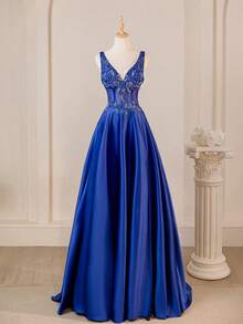 Navy Blue Vintage Sleeveless Deep V-Neck Luxury Lace Embroidery, Waist Mesh Hollow Out Semi-Sheer Dress, Full Hem, Elegant Birthday Or Evening Gown, Formal, Party Dress, For Wedding Guest