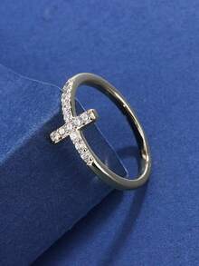 rundraw 1pc Elegant Commitment Ring, Fashionable Silver/Gold Color Cross Design Inlaid With Sparkling Cubic Zirconia Engagement/Wedding Ring, Luxury Shiny Bridal Jewelry - Gold - View 6