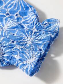 Acelitt Sky Blue Floral Embroidery Ruffle Hem Petal Sleeve Blouse, Summer - Blue - View 7