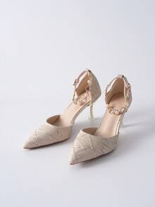 搭配白色连衣裙的完美之选 女士粗跟尖头高跟鞋，镂空设计，水钻搭扣带 情人节 圣诞节 冬季圣诞礼物 - 香檳色 - 查看 9