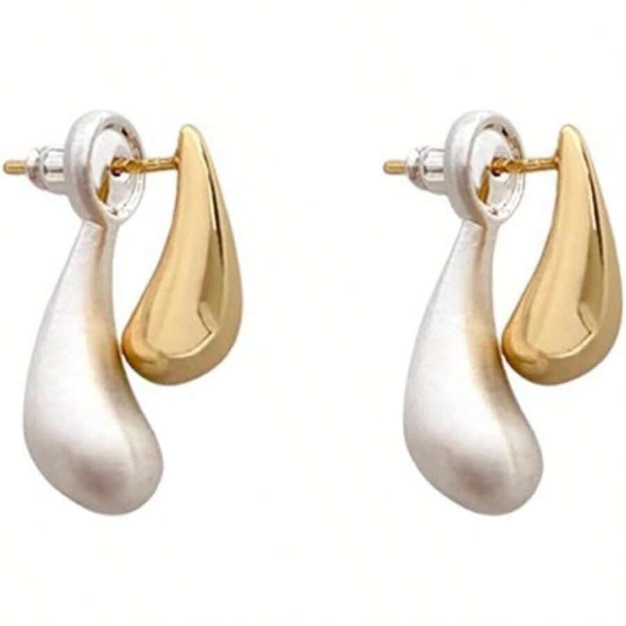 Pendientes de botón con colgante en forma de lágrima de dos tonos para mujeres, pendientes colgantes ovalados de bola ligeros y gruesos, regalos de joyería - Lágrima - Ver 1