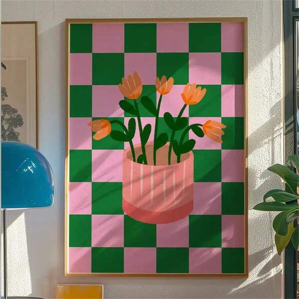 1pc Modern Minimalist Vase Floral Wall Art Print - Pink And Green Checkered Background With Orange Flowers, Canvas Posters For Living Room, Bedroom, Or Kitchen, Indoor Wall Decor | Minimalist Decor Optional Frame ,Wall Art With Frame