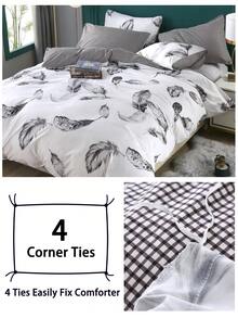 3pcs/Set Feather Pattern Duvet Cover Set(1 Duvet Cover & 2 Pillowcase)Soft And Skin-Friendly Duvet Cover Bedding Set For Home, All Season Bed Sheets Set - White - View 6