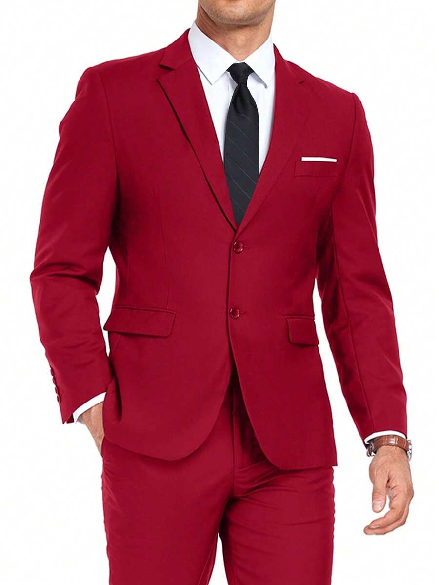 Furuyal 男士两件套西装外套，纯色西装外套领带套装，长袖，双排扣/单排扣修身款，适合旅行、婚礼、派对、商务、舞会等场合，浅酒红色，尺码 XS-3XL - 紅色 - 查看 1