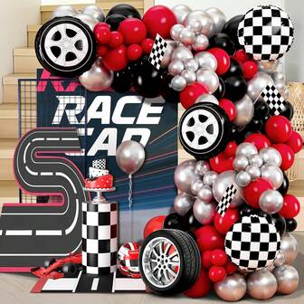 111pcs/Set Racing Car Theme Party Balloon Garland Kit, Includes Red, Black, Silver Balloons And Tire Foil Balloons, Suitable For Men's Racing Birthday Party, Car Wash Party, Bachelor Party Decoration