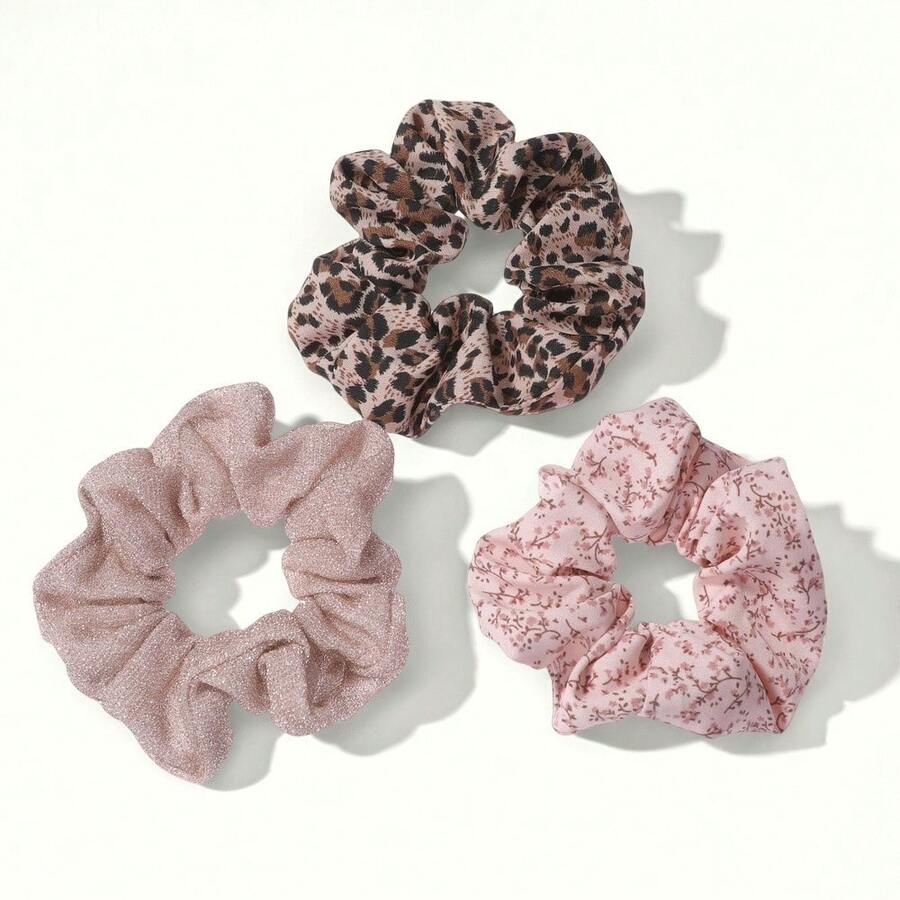 3 件套纯色发圈，时尚甜美发饰，豹纹发带，四季通用，花卉印花发带，学院风 - 彩色 - 查看 1