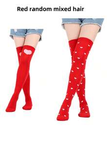 1 Pair Party/Festival Makeup/Costume Accessory Socks, Heart, Lip, Red/Black/White Polka Dot Over-The-Knee Socks, Suitable For Valentine's Day