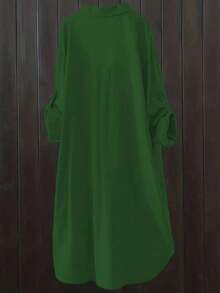 Women's Casual Solid Color Roll-Up Sleeve Blouse, Spring/Autumn - Grass Green - View 2