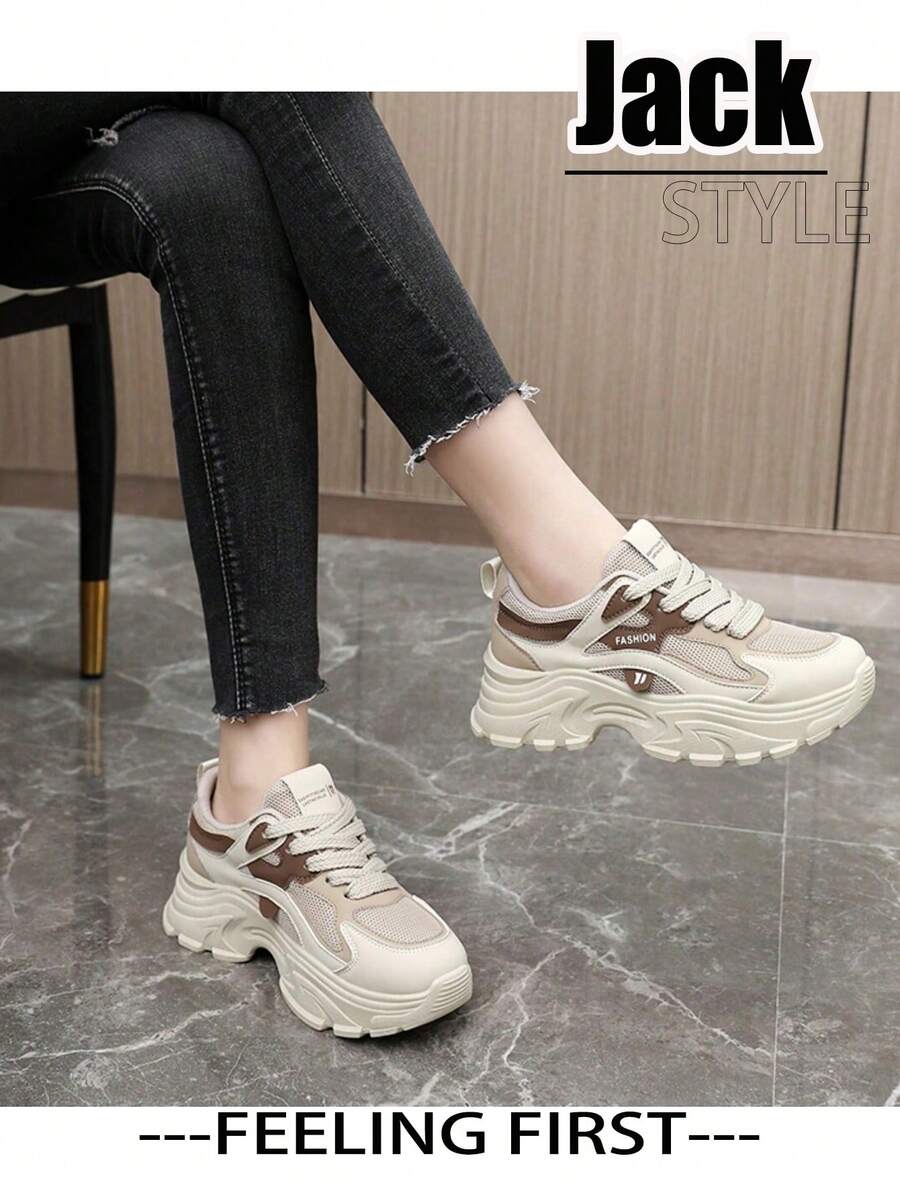 新款春夏流行韩版时尚厚底运动鞋，厚底透气网眼女鞋 - 卡其色 - 查看 1