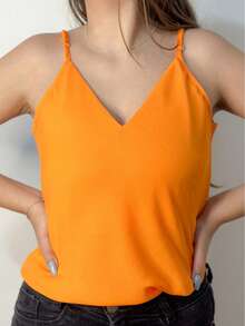 Women's Tank Top With Adjustable Straps Basic Crepe Strappy Top - Naranja - Ver 2