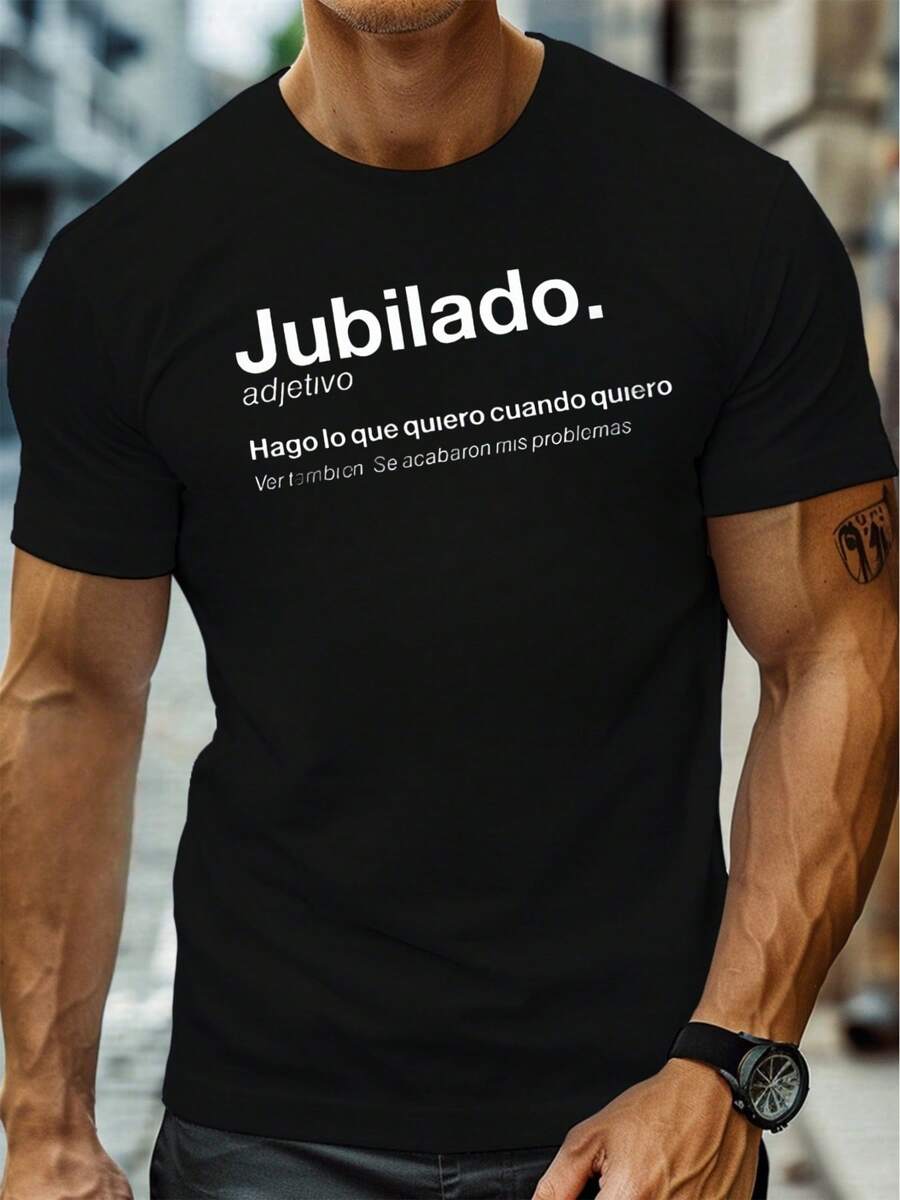 Men's T-Shirt With Jubilado Text Print, Men's Round-Neck T-Shirt, 220 G/M², For Summer, Made Of Pure Cotton, Short Sleeves (1 Piece) - 黑色 - 查看 1