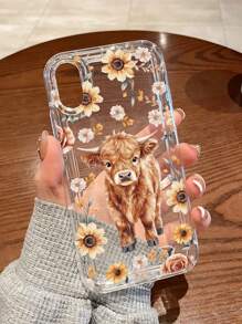 1pc Sunflower & Cow Pattern Transparent Anti-Drop Shock-Absorbing TPU Phone Case, Suitable For Apple 15/14/13/12/11/7/8/16/17/Air/17Pro/17ProMax And Other Models, Great Gift For Friends
