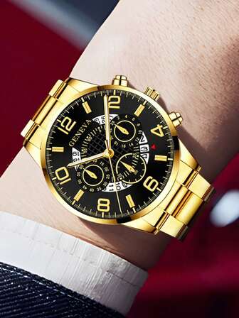 4-delat herrset med guldarmband, moderiktigt, avslappnat, blandad skala, med kalender, kvartsklocka, armband, halsband, ring, smyckeset, lämpligt för vardagsbruk, dekoration eller högtidsgåvor