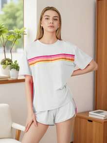 2 Piece Lounge Sets For Women Summer Rainbow Striped Tops Casual Shorts Color Blocked Suit Sweatshirts Set - 白色 - 查看 3