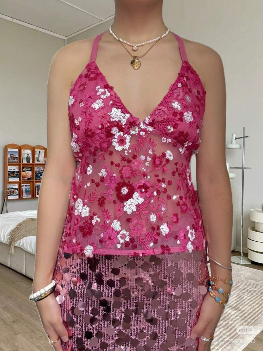 Women Y2k Sequin Halter Cami Tops Summer Deep V Neck Spaghtti Strap Backless Sexy Crop Tank Tops Sheer Mesh Patchwork Slim Fit Shirt Fairy Grunge Going Out Tops E-Girls Vintage Aesthetic Clothes Clubwear - 玫紅色 - 查看 1