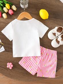 Set de 2 piezas de blusa con gráfico de limón y shorts a rayas para niñas bebé, uso casual de verano diario