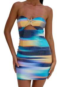 Women Sequin Tube Top Dress Slim Metal Starfish Cut Out Off Shoulder Sleeveless Open Back Mini Bodycon Dress - 彩色 - 查看 7