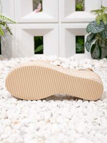 Women's Apricot Bow Decor Braided Rope Sandal, Resort Style Platform Thick Sole High Heel Espadrille Sandal, Ankle Strap Canvas Bottom Wedge, Spring Summer Shoes, Spring Vacation, Easter - Apricot - View 7