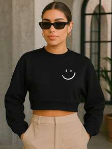 Cropped Sweatshirt Women Happy Face Simple Minimalist Swag Streetwear Cute Tumblr Stylish Various Colors - 黑色 - 查看 2