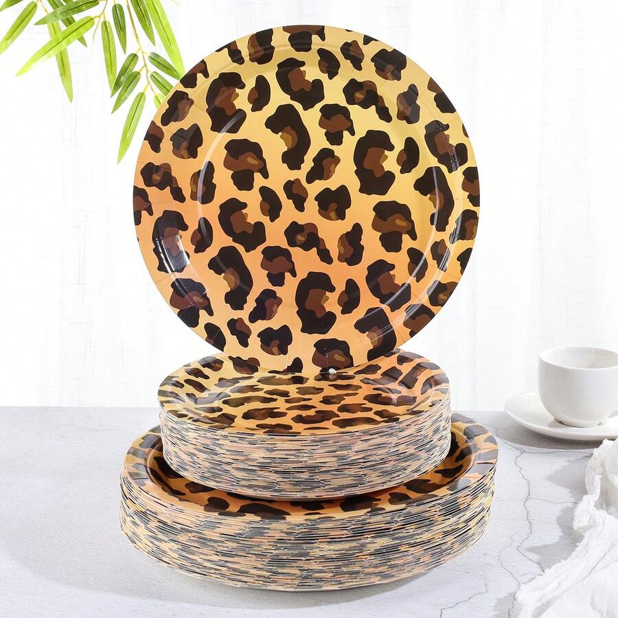 Platos de papel desechables de 7 y 9 pulgadas, conjunto de vajilla desechable de fiesta con estampado de leopardo, platos de papel desechables adecuados para cumpleaños, decoraciones de fiestas - Multicolor - Ver 1