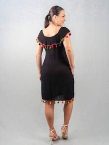 KIARA BRAZIL Short Viscose Dress With Pompom Button From Bust To Hem And Pocket Strapless Black #100416 - 黑色 - 查看 3