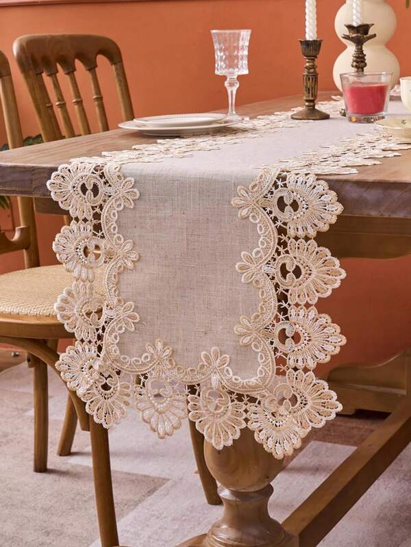 1pc Embroidered Linen Rectangular Table Runner, Coffee/Dressing Table Pad