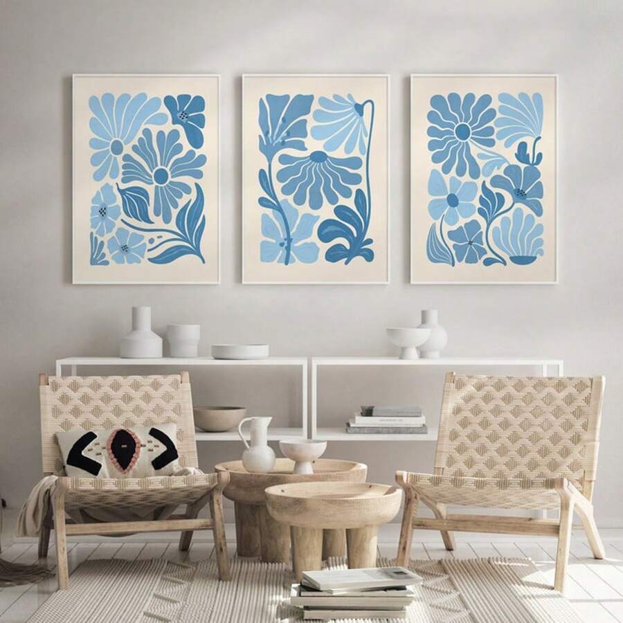 1 件/3 件墙面艺术海报可选相框/带框现代蓝色花卉市场 3 幅印刷品套装、蓝色墙面装饰、花卉市场海报、植物印刷品套装、极简主义花卉印刷品、浅蓝色墙面艺术 - 彩色 - 查看 1