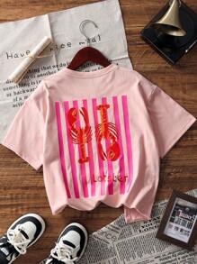1 pieza Camiseta de manga corta con estampado de langosta tropical para niñas preadolescentes, ropa juvenil para estudiantes, adecuada para jugar en la playa