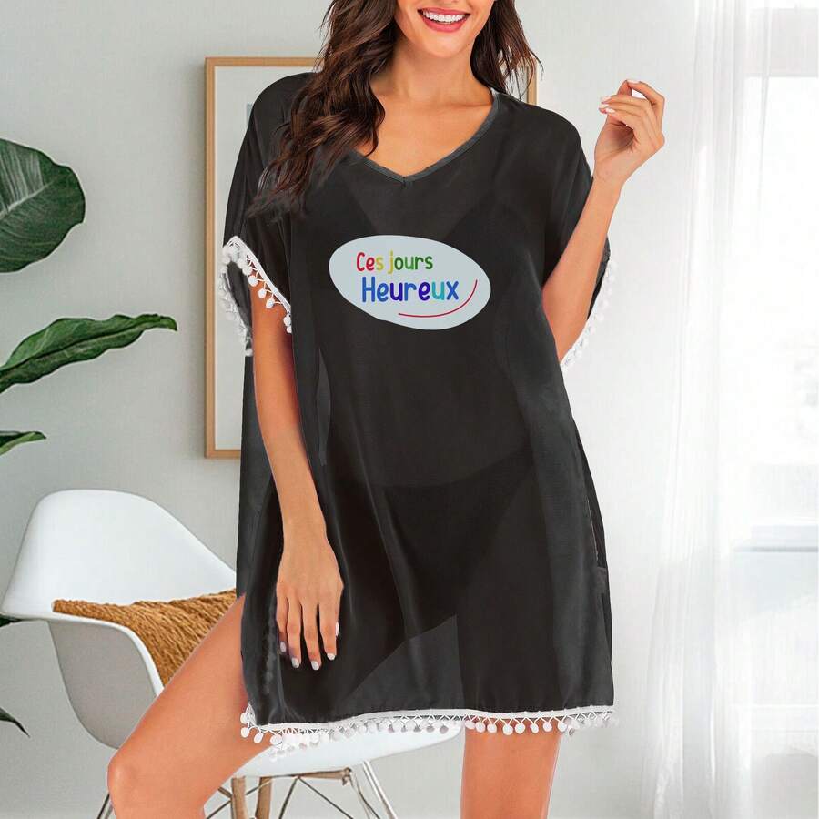 Women Beach Cover Up Swimsuit Our Happy Days - Animators T-Shirt Bathing Suit Dress Summer Swimwear Coverup - Black - View 1