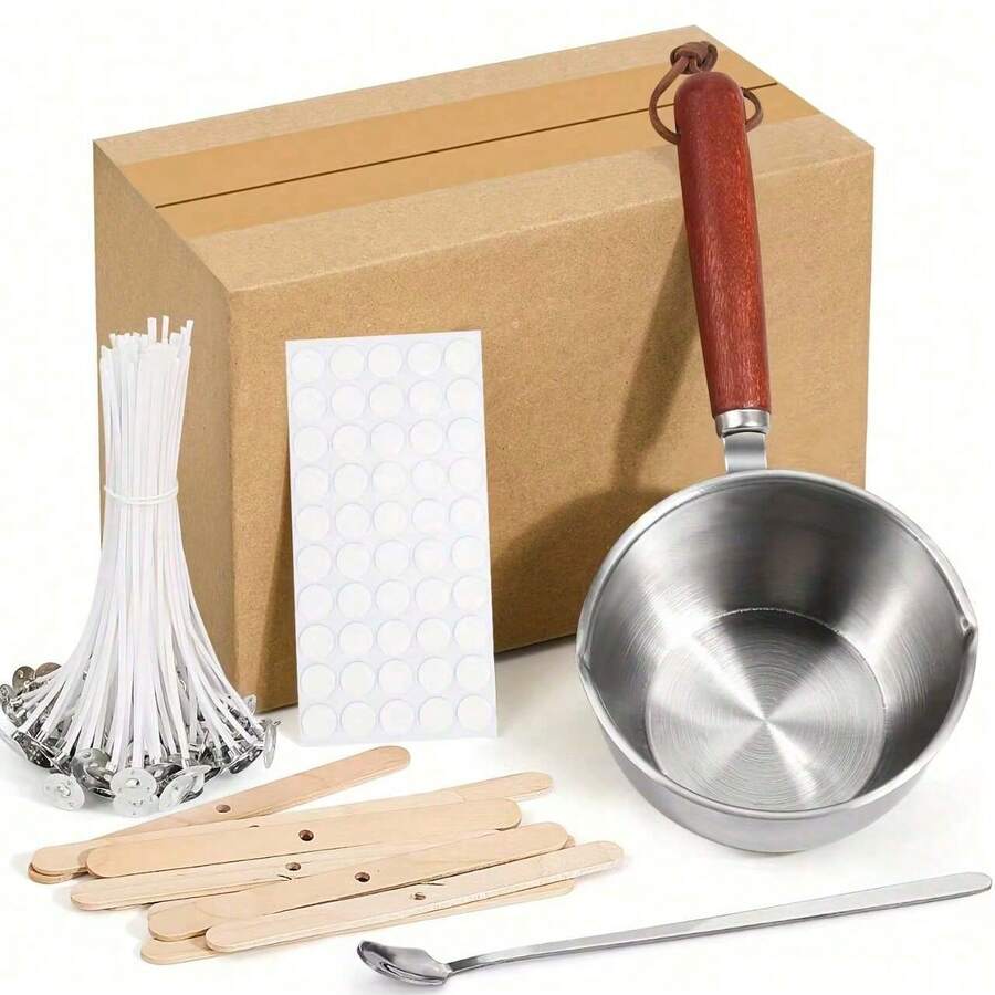 Juego de olla de acero inoxidable para derretir cera de 500ml con olla, cuchara, mecha de cera, pegatina de mecha, soporte, ideal para hacer velas y jabones artesanales, olla para derretir cera para hacer velas