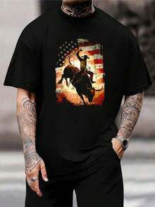 Camiseta de rodeo de toro con bandera estadounidense patriótica para hombre - Camiseta gráfica vintage, estilo vaquero occidental, camisa informal de algodón, regalo para él - Negro - Ver 1