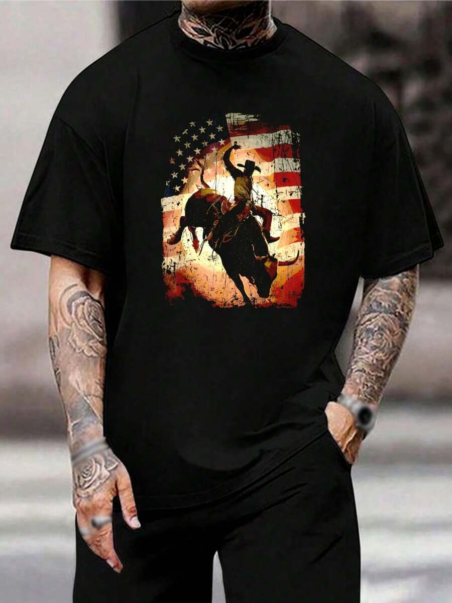 Camiseta de rodeo de toro con bandera estadounidense patriótica para hombre - Camiseta gráfica vintage, estilo vaquero occidental, camisa informal de algodón, regalo para él - Negro - Ver 1