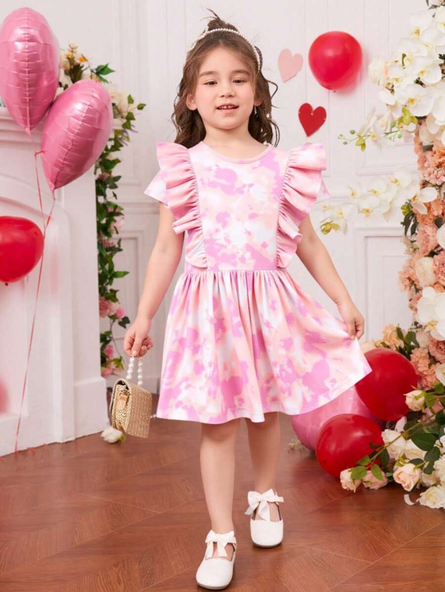 Vestido fresco con manga corta, cuello redondo, olanes en el talle estampado con tonos rosas degradado - Rosa - Ver 1